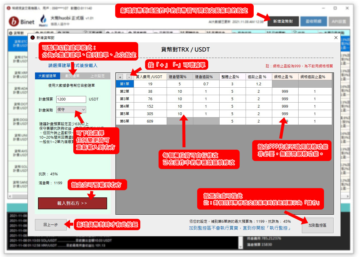 交易策略功能畫面一覽